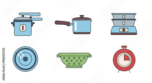 Illustration of kitchen utensils and appliances icons including a pressure cooker, saucepan, toaster, plate, colander, and timer on a white background.