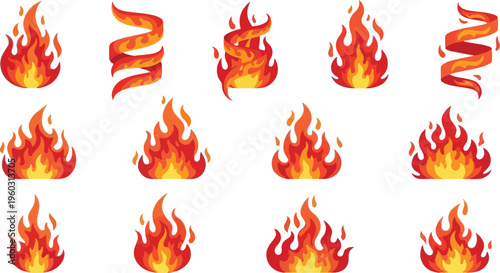 Collection of stylized fiery flames and ribbons in various designs, perfect for graphic design elements and overlays