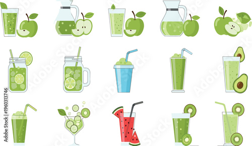 Green smoothie and fresh juice vector set with apple, kiwi, cucumber and avocado drinks, healthy detox beverage collection isolated on white background illustration