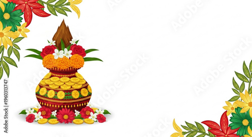Traditional indian decorative pot with flowers and leaves on white background for cultural or festive designs