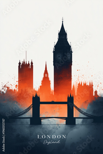 London Landmark Watercolor and Ink Splash Illustration, Elegant Architecture, Artistic Paint Splatters, Modern Wall Art