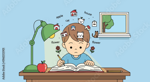 Charming cartoon boy studying at his desk, his mind filled with floating icons and words, depicting childhood learning, imagination, and cognitive development process.