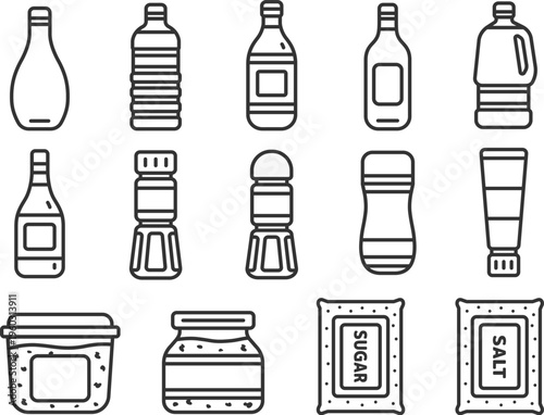 いろいろな、調味料のアイコン（線画）のイラストセット
