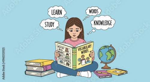 Young girl studying vocabulary words from a book, surrounded by educational materials, symbolizing learning, knowledge, and intellectual growth.