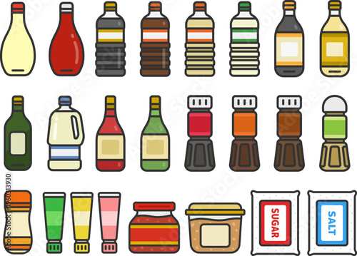 いろいろな、調味料のアイコン（線画カラー）のイラストセット