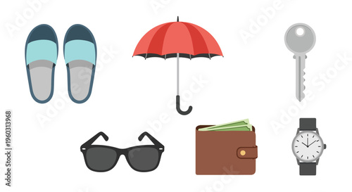 Flat lay of everyday personal items including shoes, umbrella, key, sunglasses, wallet, and watch on a white background.
