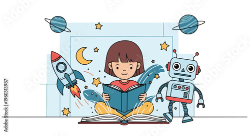 Young girl reading, surrounded by rockets, planets, stars, and a robot. Symbolizes childhood imagination, learning, future, science, and technology.