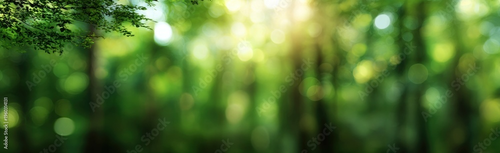 Obraz premium A serene forest scene with soft sunlight filtering through lush green foliage, creating a peaceful and calming atmosphere.