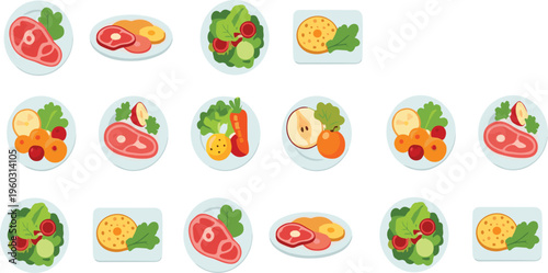 Healthy meal plates vector set with meat, salad, fruits and vegetables, balanced diet food collection isolated on white background illustration