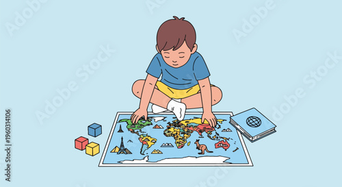Young boy playing with a world map puzzle on the floor, discovering geography and global cultures through engaging educational play. Childhood learning.
