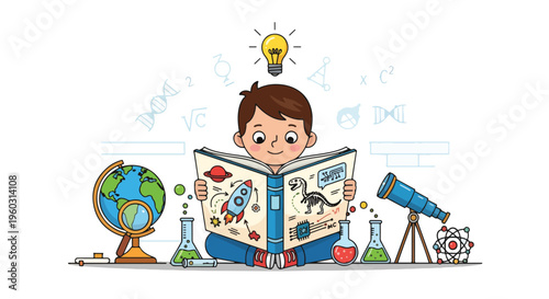 Enthusiastic boy reading science book with globe, telescope, beakers. Symbolizes childhood learning, discovery, imagination, and curiosity for knowledge.