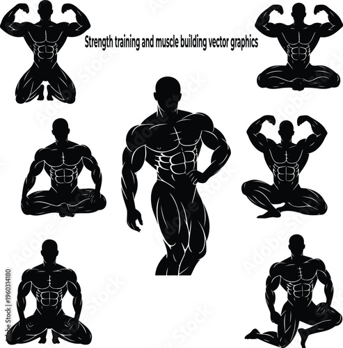 Seven distinct black silhouettes of muscular men displaying powerful poses with highlighted muscle definition