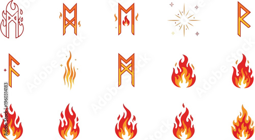 Collection of Viking runes and stylized flames with a magical glowing effect, perfect for fantasy-themed designs