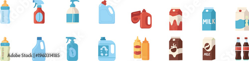 Household cleaning and beverage packaging vector set with detergent bottles, milk cartons and drink containers, flat icon collection isolated on white background illustration