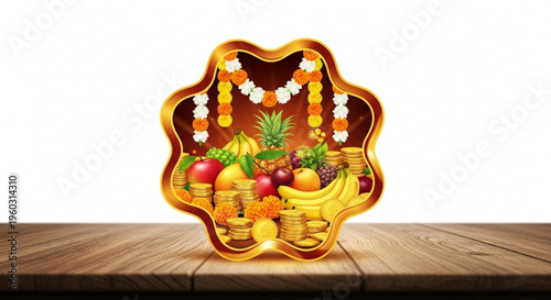 Golden diwali puja thali with fruits coins and decorative items on wooden table for festival celebrations