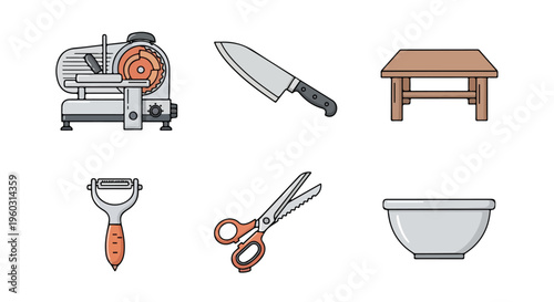 Flat lay of various kitchen utensils and tools on a plain white background.