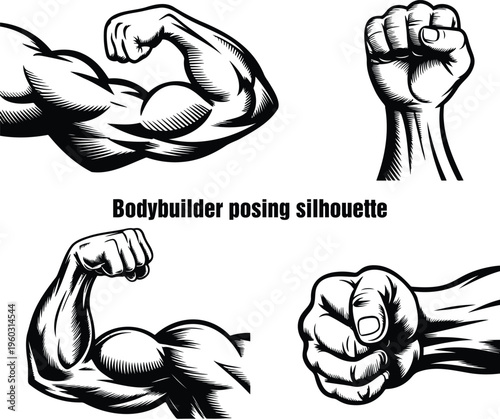 A collection of strong muscular arms and clenched fists demonstrating power and fitness poses