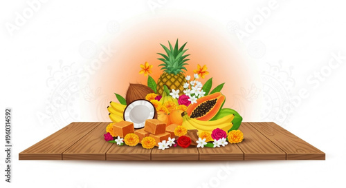 Vibrant tropical fruit arrangement with pineapple coconut papaya and exotic flowers on a wooden platter symbolizing abundance and freshness in a colorful display