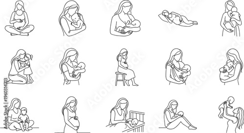 Motherhood and baby care line art icon set showing pregnancy, breastfeeding, holding newborn, parenting moments, maternal love and childcare illustrations