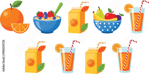 Orange juice breakfast vector set with fruit, cereal bowl and fresh drinks, healthy morning food collection isolated on white background illustration