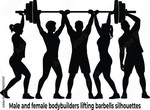 Group of diverse male and female bodybuilders lifting a heavy barbell together in silhouette