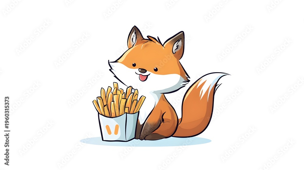 Fototapeta premium Cute Fox Character Enjoying a Delicious Portion of French Fries.