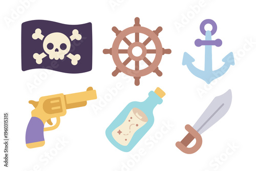 Pirate Adventure Icon Set with Skull Flag, Ship Wheel, Anchor, Gun, and Message in a Bottle
