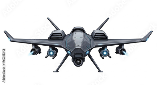Futuristic drone aircraft with advanced technology and weaponry, ready for action.