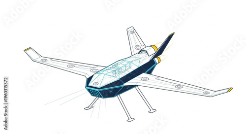Detailed illustration of a futuristic aircraft with wings and a propeller, ready for flight.