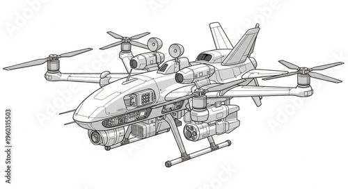 Detailed illustration of a futuristic military drone with multiple rotors and advanced technology.