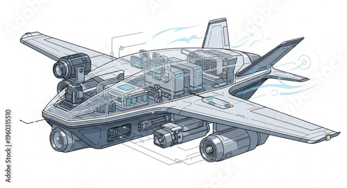 Detailed illustration of a futuristic aircraft with advanced technology and design.