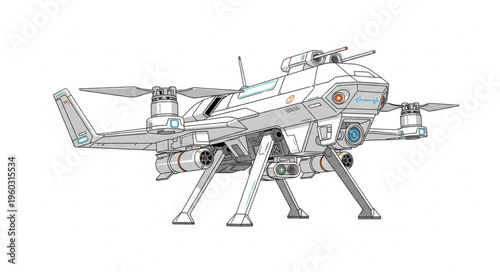 Detailed illustration of a futuristic drone with multiple propellers and landing gear.