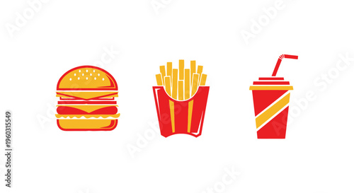 Fast food icons: burger, fries, and soda drink. Simple flat design.
