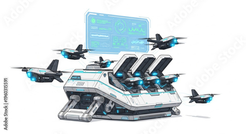 Futuristic armored vehicle with drones and digital display, ready for combat.
