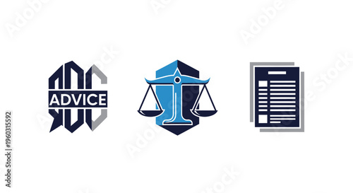 Legal Advice Icons: Law Scales, Document, and Abstract 'Advice' Logo