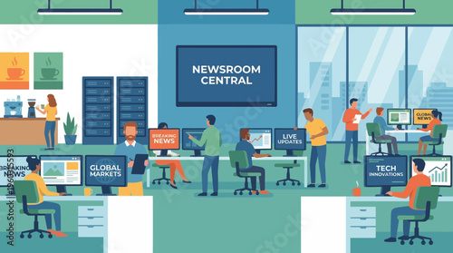 Dynamic flat vector illustration of a modern newsroom bustling with professionals, actively engaged in monitoring global markets, analyzing data, and reporting real-time information
