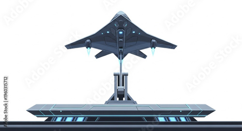 Futuristic stealth aircraft model displayed on a modern technological platform.