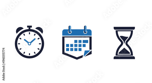 Time Management Icons: Alarm Clock, Calendar, Hourglass - White Background