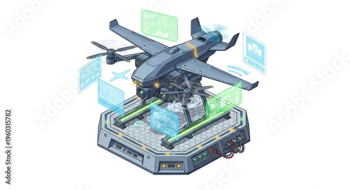 Futuristic drone technology with advanced surveillance and defense capabilities on a platform.
