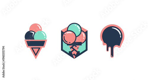 Set of stylized ice cream cone, hexagon, and melting scoop icons