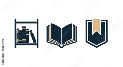 Book Icons: Bookshelf, Open Book, Bookmark Badge - Knowledge and Education Icons