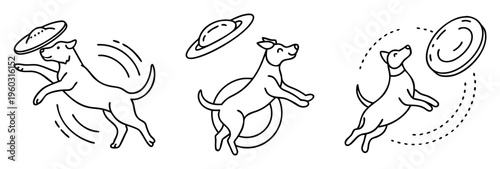 Outline illustrations of dogs jumping to catch flying discs in various styles