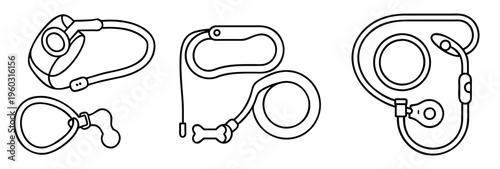 Three outlined drawings of retractable dog leash designs on white background