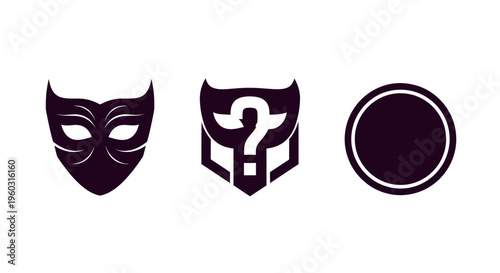 Mystery and Identity Icons: Mask, Question Mark Emblem, and Circle