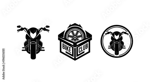 Motorcycle Club Emblems: Front View Bike, Wheel Logo, Circular Badge