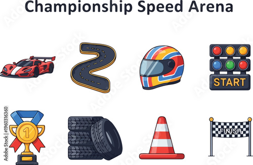 Collection of Racing Icons Trophy, Helmet, Tires, Traffic Cone, Finish Line Flag, Car, Race Track, and Traffic Light