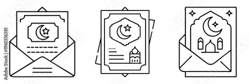 Line art illustrations of Eid Mubarak greeting cards and envelopes