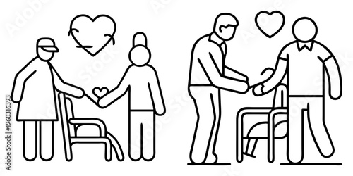 Line art illustration showing senior care and affection with hearts