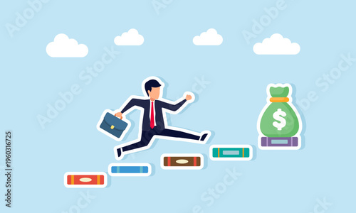 Businessman running and jumping on stacks of books to reach money bag illustration of investment in knowledge to gain higher profit