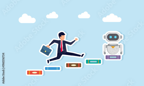 Businessman running and jumping on stacks of books to reach robot illustration of investment in knowledge to apply technology in business